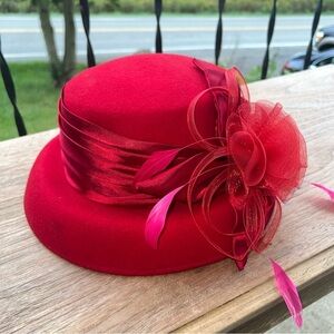 Deborah Fashions Red Wool Hat, Silk Ribbon And Mesh Bow.  Pink Feathers
